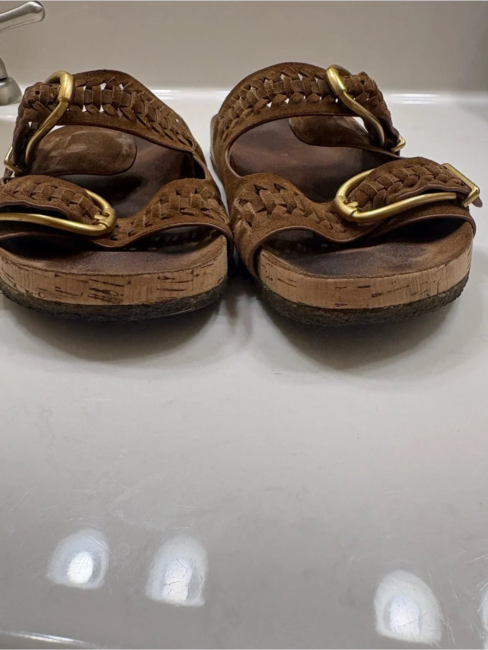 Veronica Beard Brown Suede Double-Band Sandals with Brass Buckles